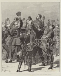 Rückkehr von Prinz Alexander nach Bulgarien, der Prinz wird in Rustchuk von seinen Offizieren im Triumph getragen